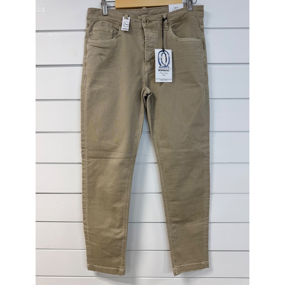 Sorbino Mens Slim Fit Denim Jeans Khaki Tan Button Fly Size 34/48 NWT